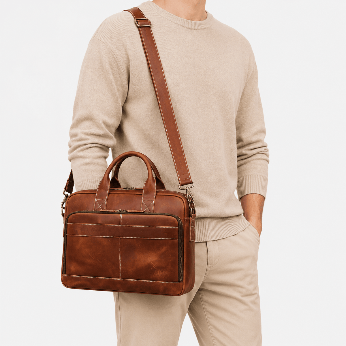 Men's Genuine Leather Laptop Briefcase 15.6 Inch Genuine Leather 15.6 Inch Laptop Briefcase for Business and Office Use