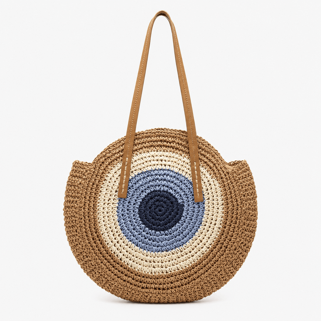 Round Straw Beach Tote Bag Handmade Straw Beach Tote Bag for Women Large Capacity Zipper Closure