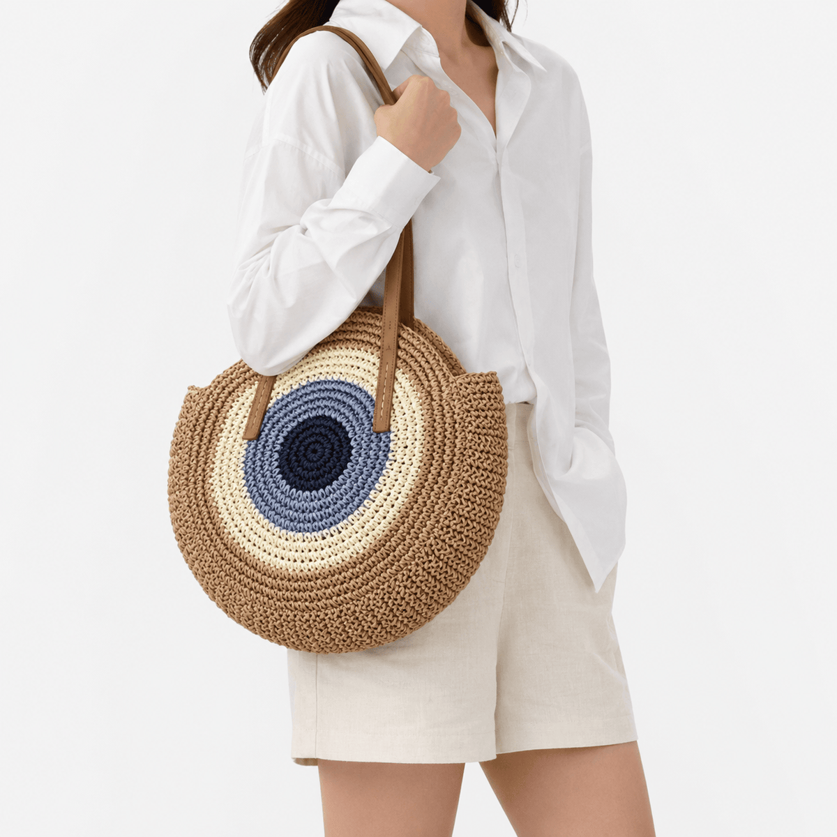 Round Straw Beach Tote Bag Handmade Straw Beach Tote Bag for Women Large Capacity Zipper Closure