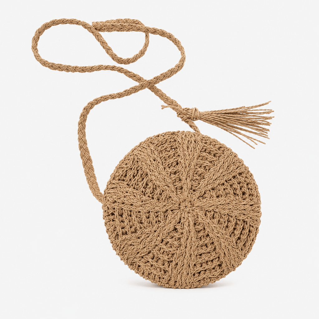 Round Straw Beach Tote Bag Handmade Straw Beach Tote Bag for Women Large Capacity Zipper Closure