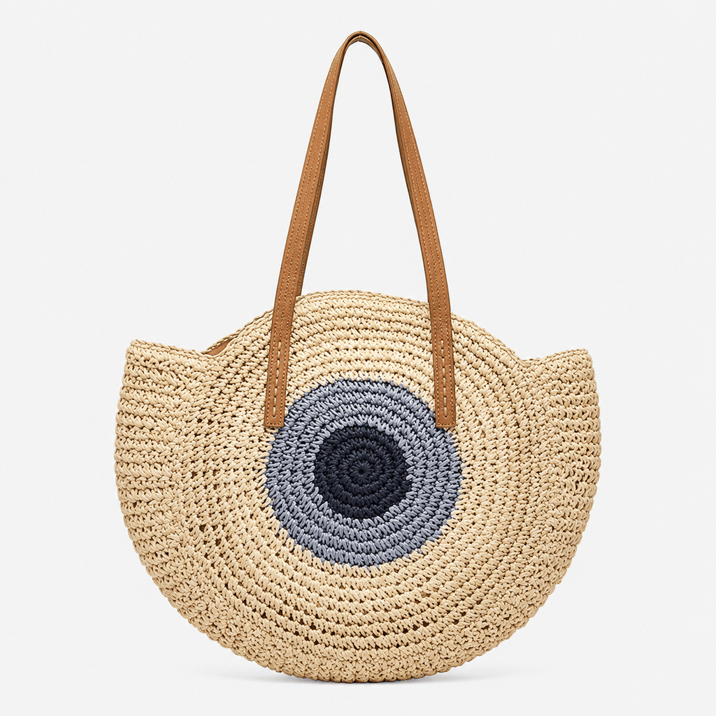 Round Straw Beach Tote Bag Handmade Straw Beach Tote Bag for Women Large Capacity Zipper Closure