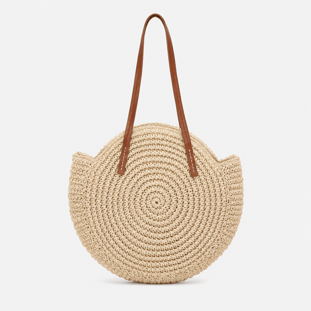Round Straw Beach Tote Bag Handmade Straw Beach Tote Bag for Women Large Capacity Zipper Closure