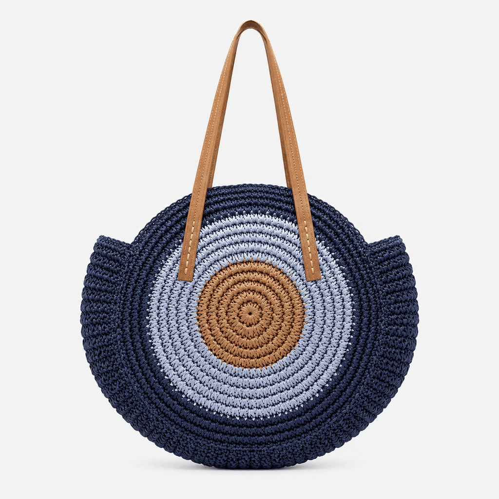 Round Straw Beach Tote Bag Handmade Straw Beach Tote Bag for Women Large Capacity Zipper Closure