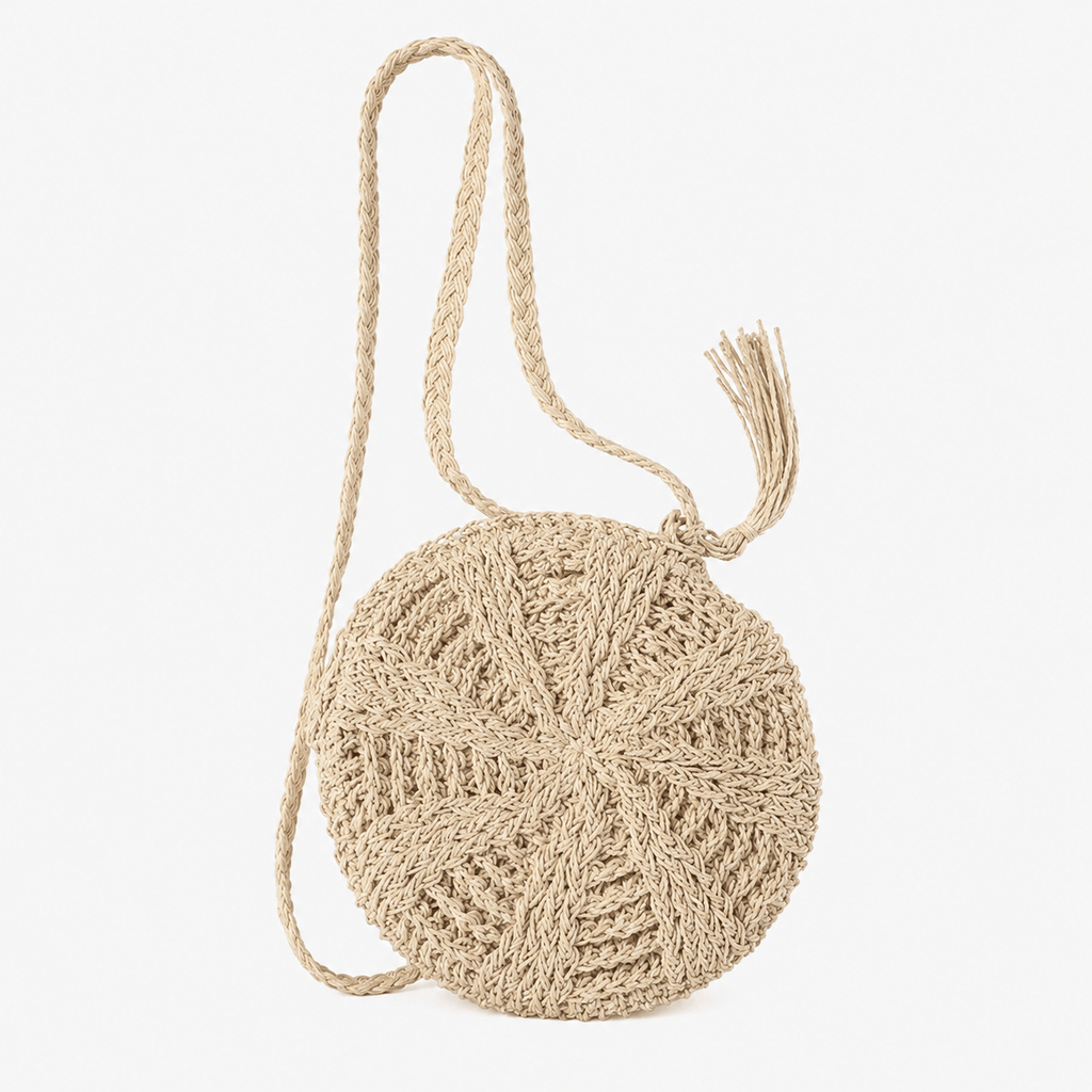 Round Straw Beach Tote Bag Handmade Straw Beach Tote Bag for Women Large Capacity Zipper Closure